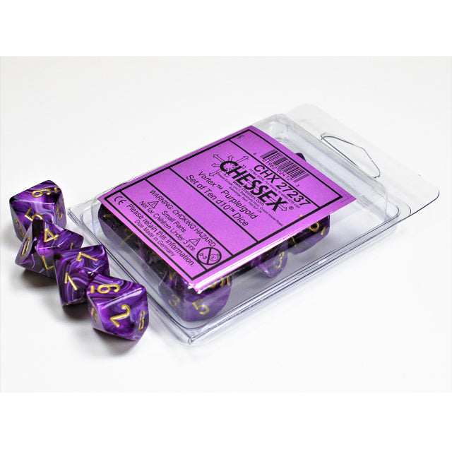 CHX27237 Vortex Purple/gold Set of Ten d10s Chessex