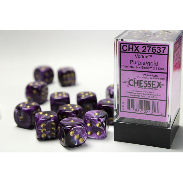 CHX27637 Vortex 16mm d6 Purple/gold Dice Block Chessex