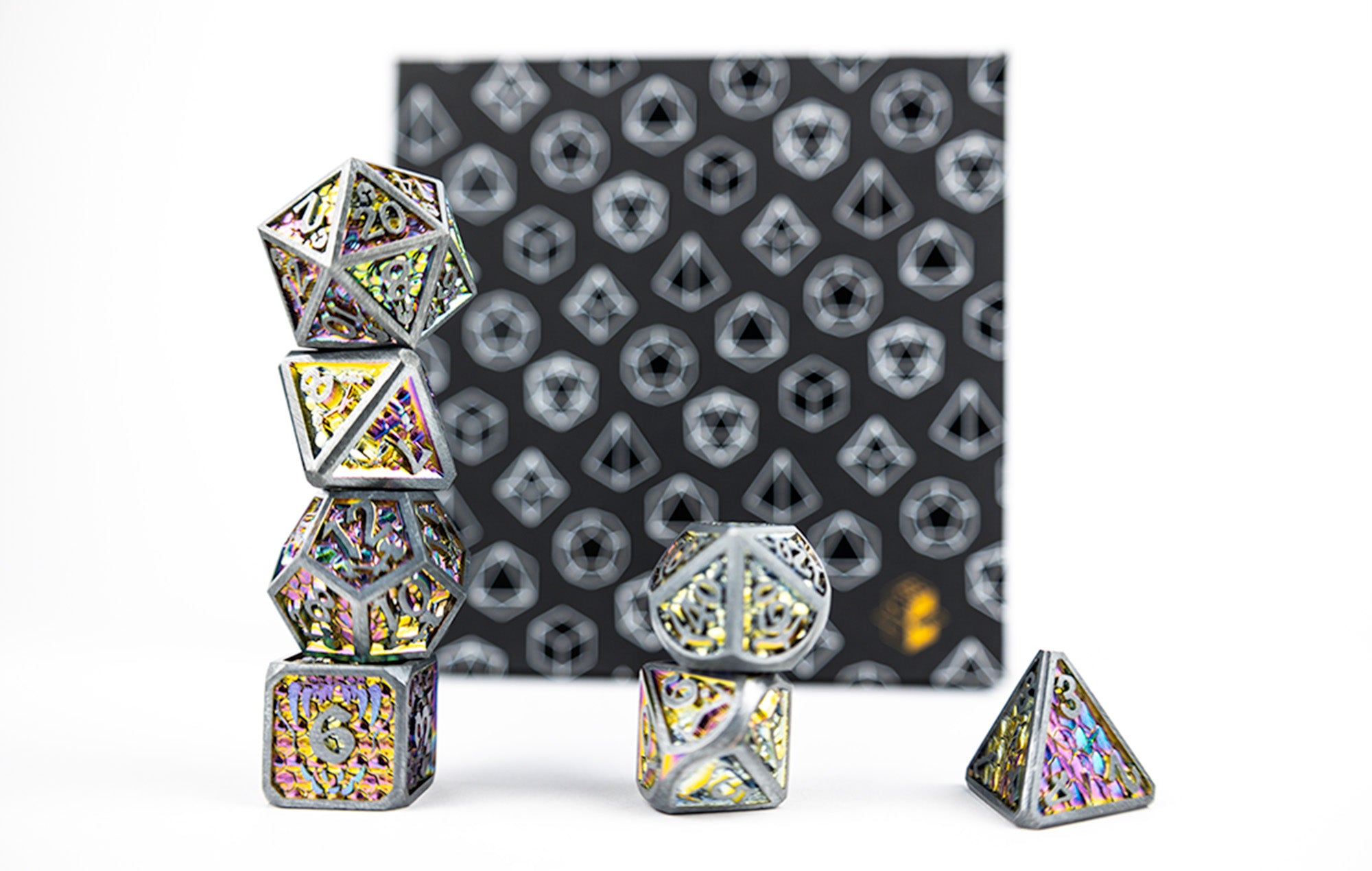 Draco Bright Rainbow/Silver Metal Dice Set