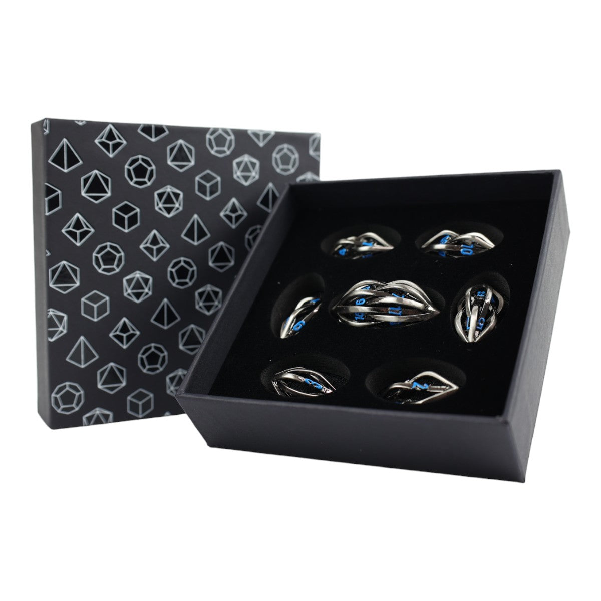 Hollow Elliptic Blue and Stainless Dice Set