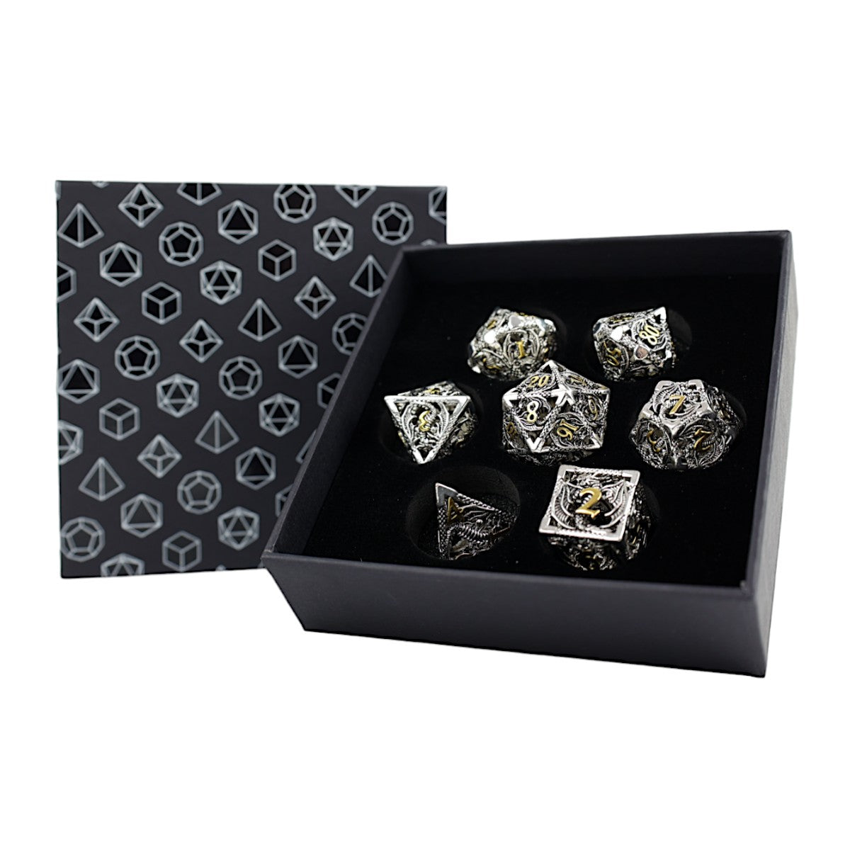 Chrome & Gold Hollow Dragon  - RPG Set LPG Dice Set