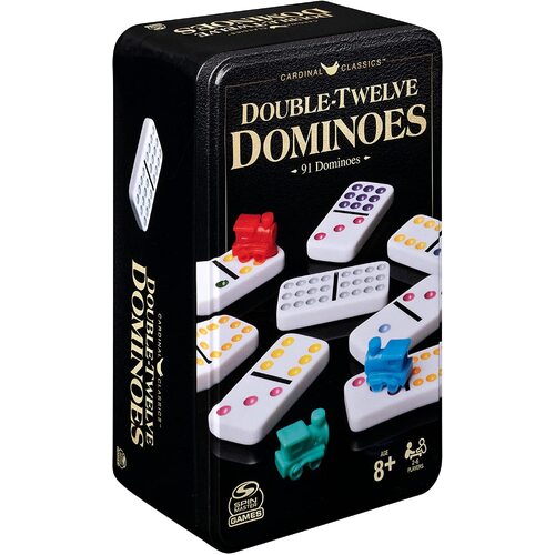 Double 12 Coloured Dominoes with Mexican Train in Tin