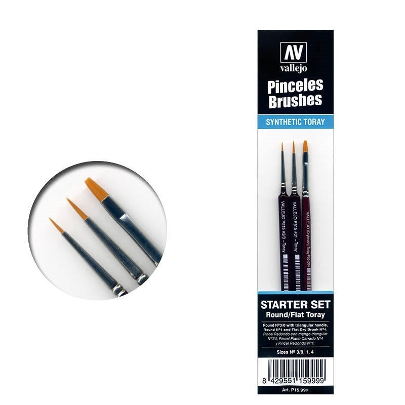 Precision Starter Set (Round No.1 & 3/0 Triangular Handle, Flat No. 4)  Vallejo Hobby Brushes