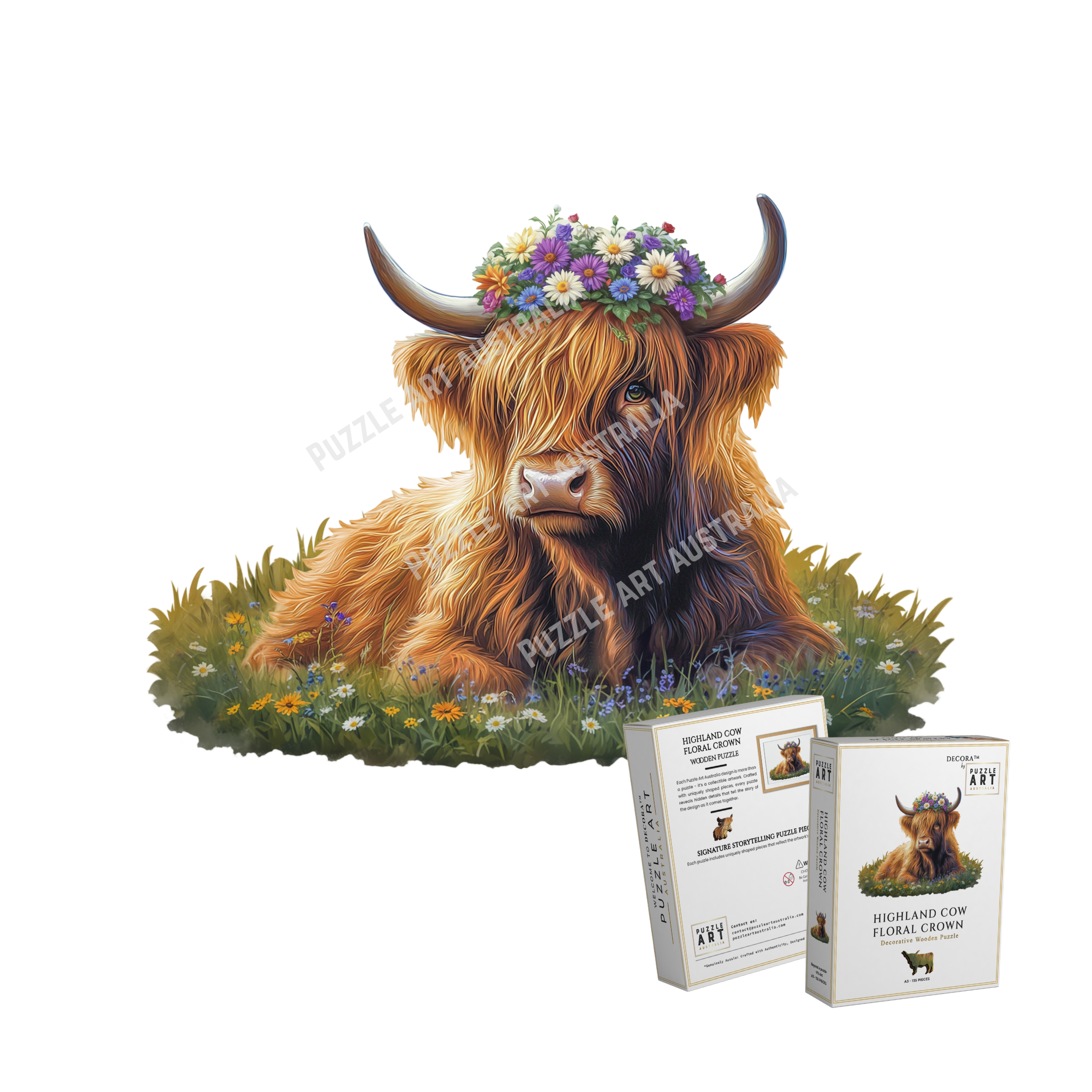 A5 Floral Crown Highland Cow Wooden Puzzle - Puzzle ART