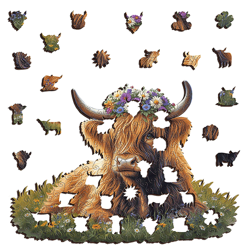 A3 Highland Cow Floral Crown Wooden Puzzle - Puzzle ART