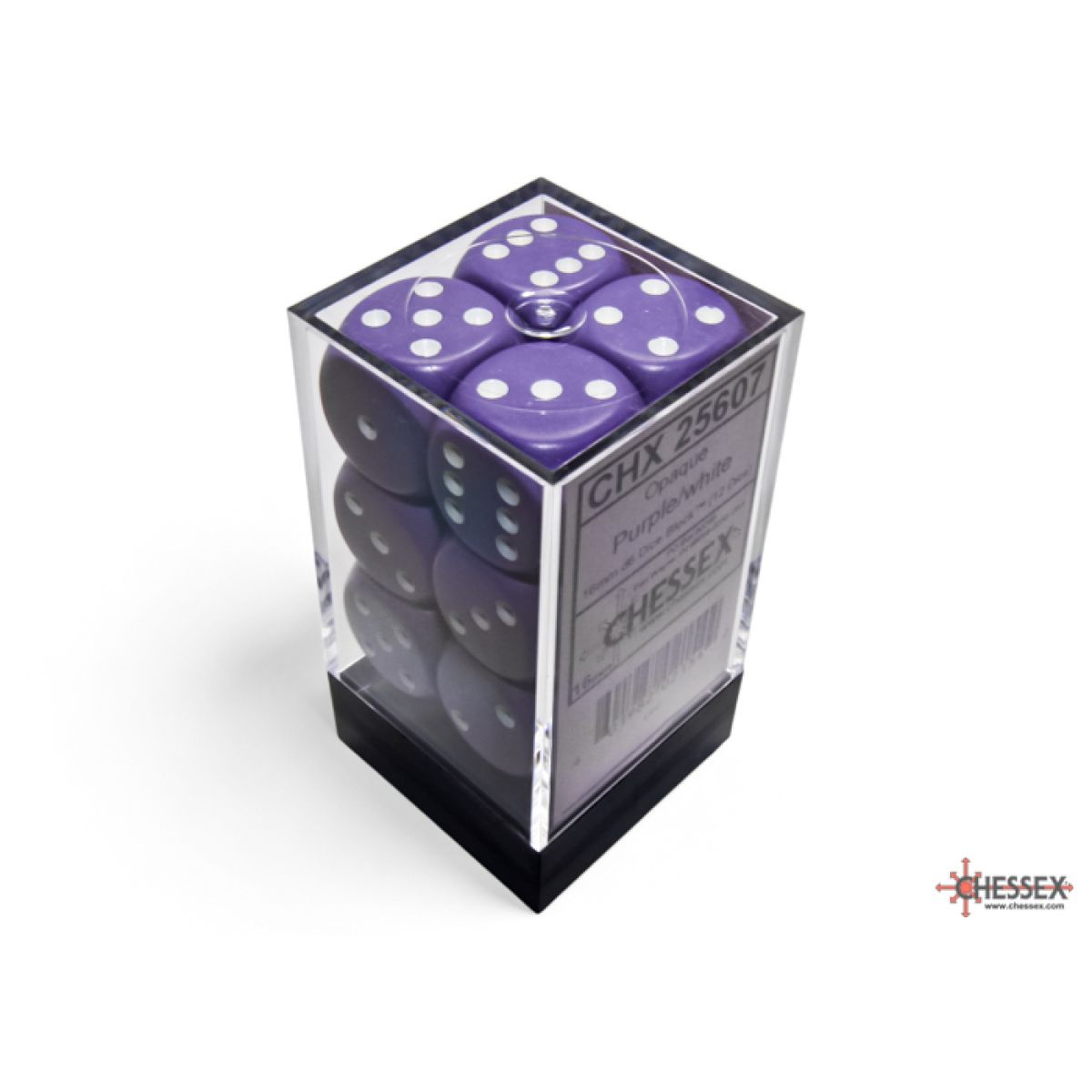 D6 16mm Opaque Purple/White - Chessex 12 Pack