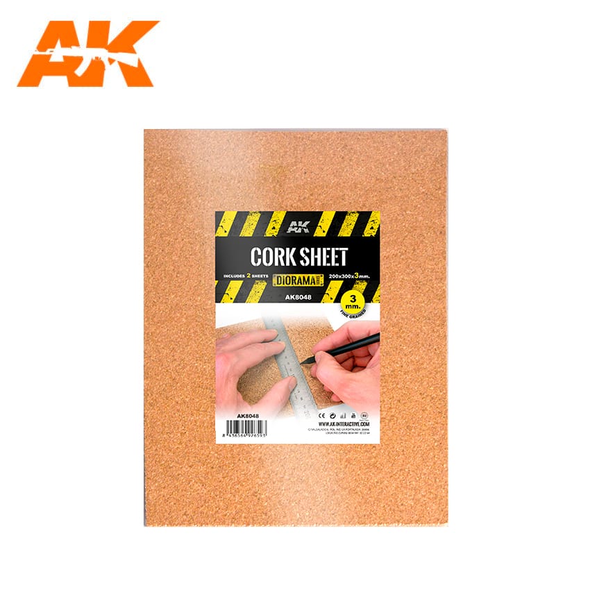 AK Interactive Cork Sheets - Fine Grained 200  x 300 x 3mm (2 Sheets)