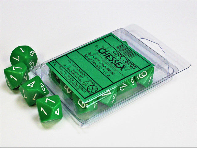CHX26205 Opaque Green/White Set of Ten d10s