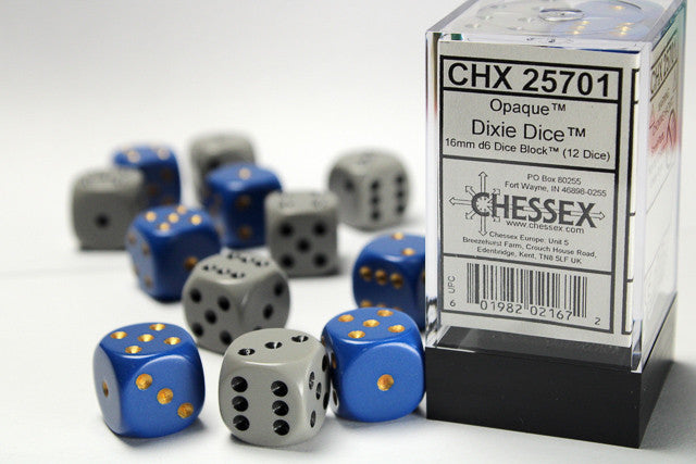 CHX25701 6 Blue/yellow, 6 Dark Grey/black Opaque16mm dice d6 (12)