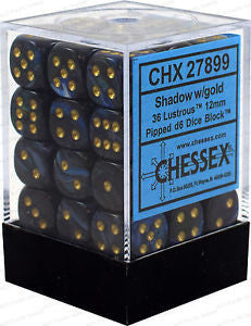 CHX27899 Lustrous 12mm d6 Shadow/gold Dice Block (36 dice) Chessex