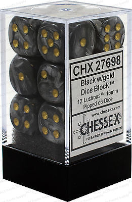 CHX27698 Lustrous 16mm d6 Black/gold Dice Block (12 dice) Chessex