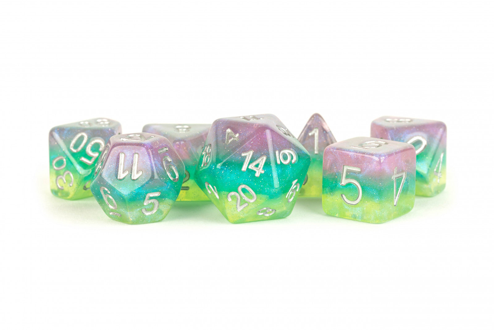 Layered Stardust Radiance - MDG Resin 16mm Polyhedral Dice Set