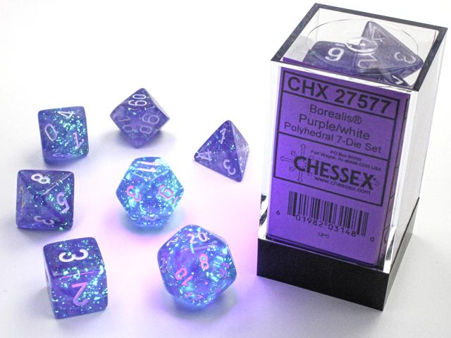 CHX27577 Borealis Luminary Polyhedral Purple-White 7-Die Set Chessex