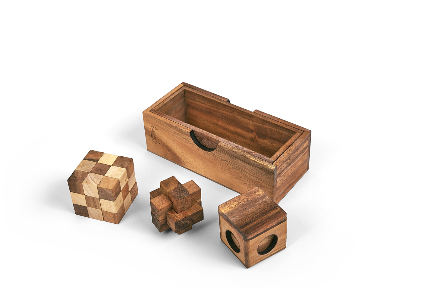 3 Puzzles In A Wooden Box