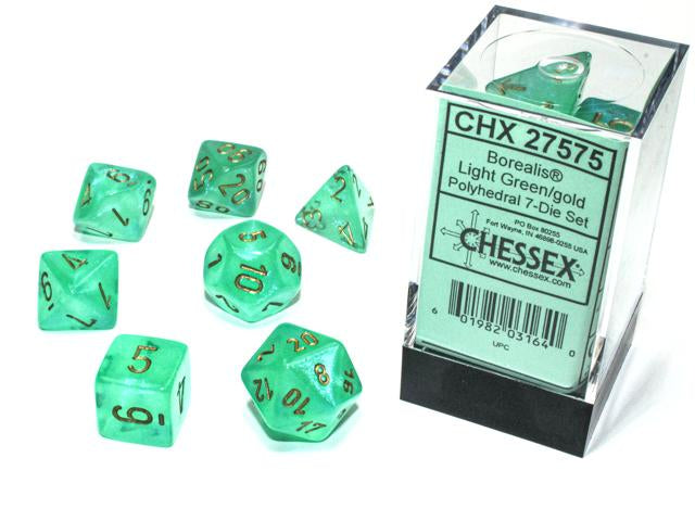 CHX27575 Borealis Luminary Polyhedral Light Green-Gold 7-Die Set Chessex