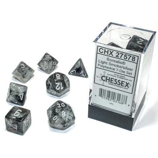 CHX27578 Borealis Luminary Polyhedral Light Smoke-Silver 7-Die Set Chessex