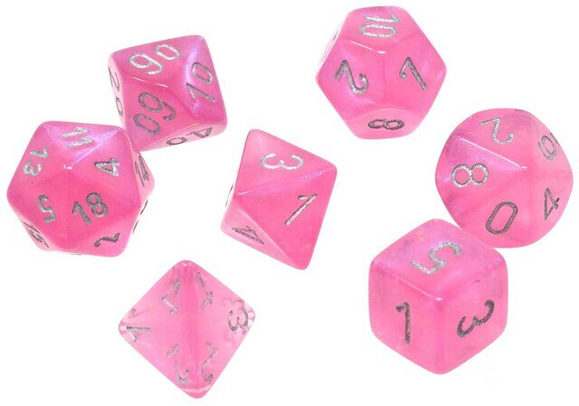 CHX27584 Borealis Luminary Polyhedral Pink-Silver 7-Die Set Chessex