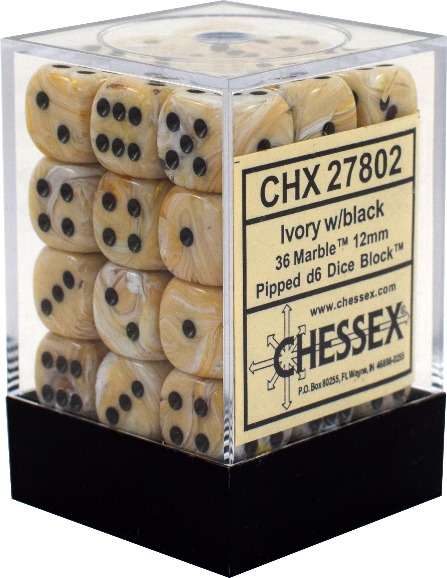 Chessex Polyhedral 12 mm D6 36 dice set Marble Ivory/Black