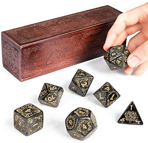 Titan Dice - Nyx - Smoke and Gold 25mm Polyhedrals in Wooden Box