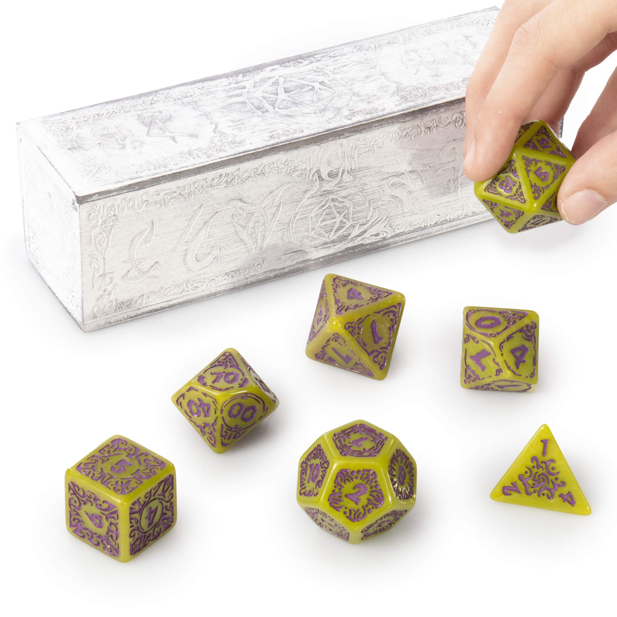Titan Dice - Achlys - Swamp Ooze with Amethyst 25mm Polyhedrals in Wooden Box