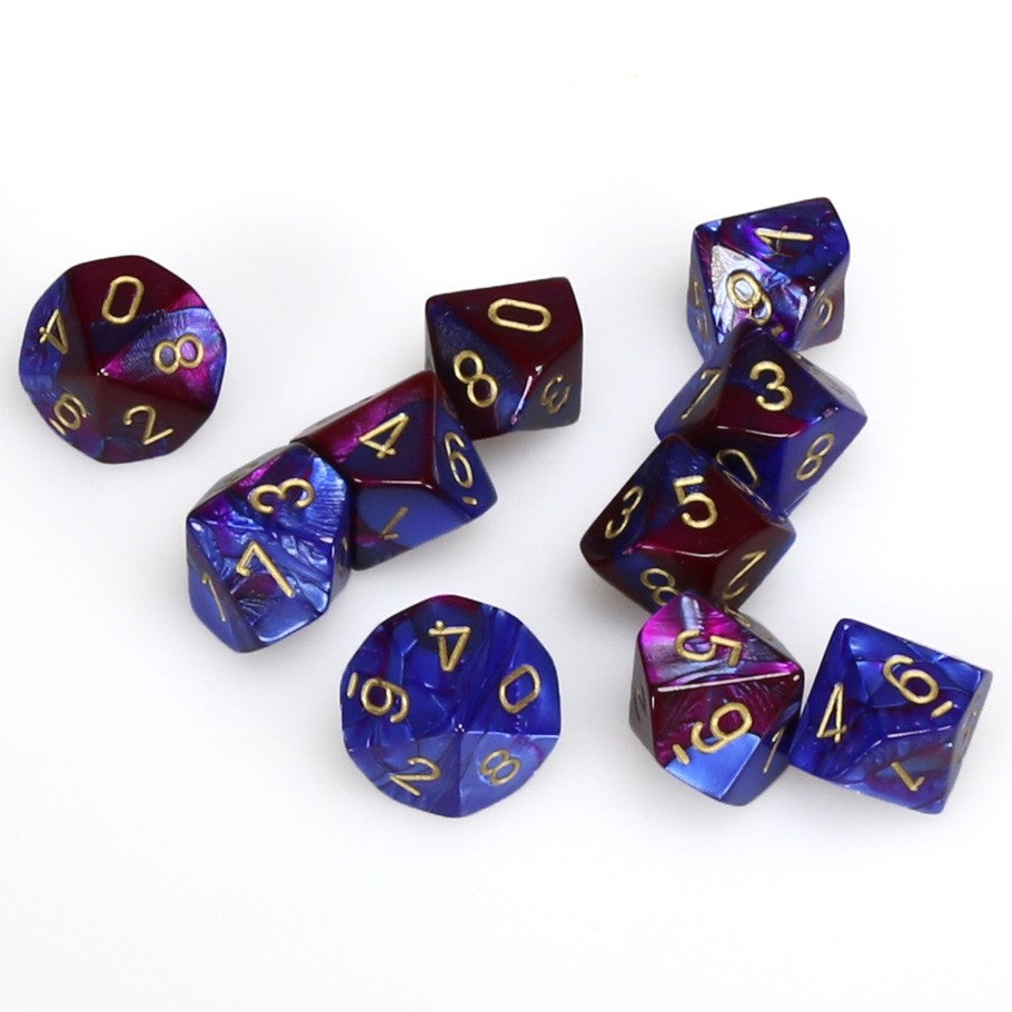 CHX26228 Gemini Polyhedral Blue-Purple/gold Set of Ten d10s Chessex