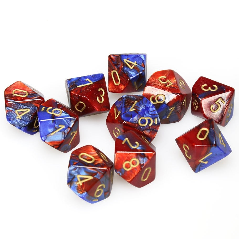 CHX26229 Gemini Polyhedral Blue-Red/gold Set of Ten d10s Chessex