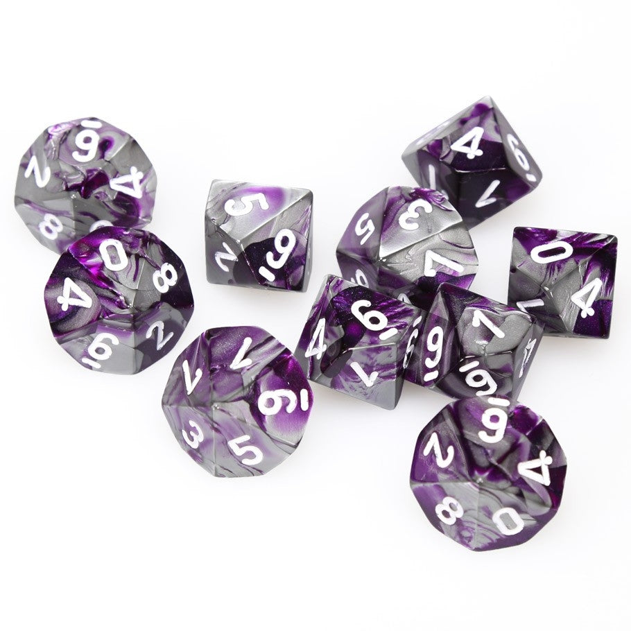 CHX26232 Gemini Polyhedral Purple-Steel/white Set of Ten d10s Chessex