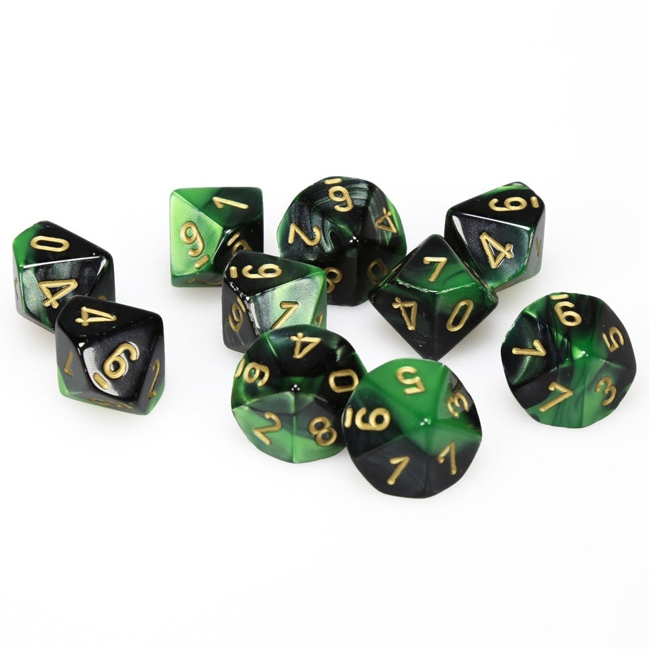 CHX26239 Gemini Polyhedral Black-Green/gold Set of Ten d10s Chessex