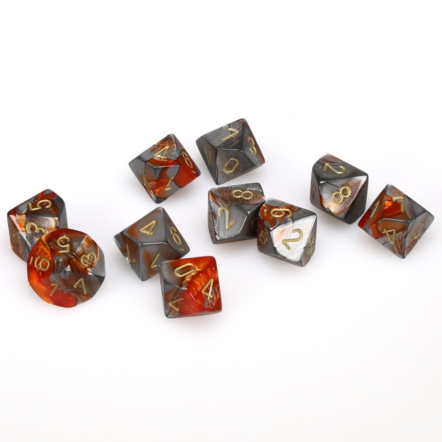 CHX26261 Gemini Polyhedral Orange-Steel w/gold Set of Ten d10s Chessex