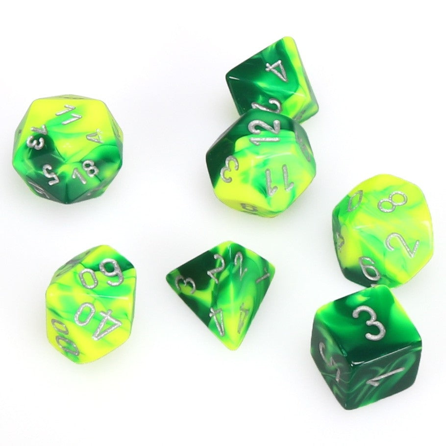 CHX26454 Gemini Polyhedral Green-Yellow w/silver 7-Die Set Chessex