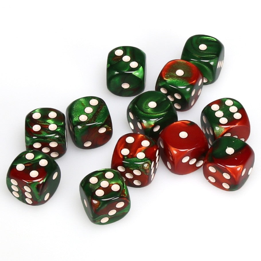 CHX26631 Gemini 16mm d6 Green-Red/white Dice Block (12 dice) Chessex