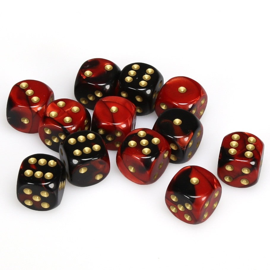 CHX26633 Gemini 16mm d6 Black-Red/gold Dice Block (12 dice) Chessex