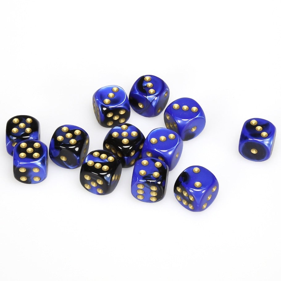 CHX26635 Gemini 16mm d6 Black-Blue/gold Dice Block (12 dice) Chessex