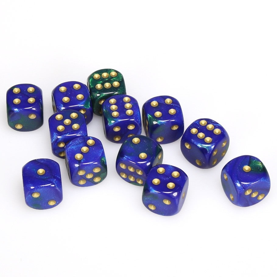 CHX26636 Gemini 16mm d6 Blue-Green/gold Dice Block (12 dice) Chessex