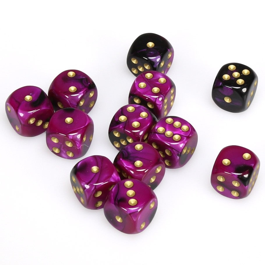 CHX26640 Gemini 16mm d6 Black-Purple/gold Dice Block (12 dice) Chessex