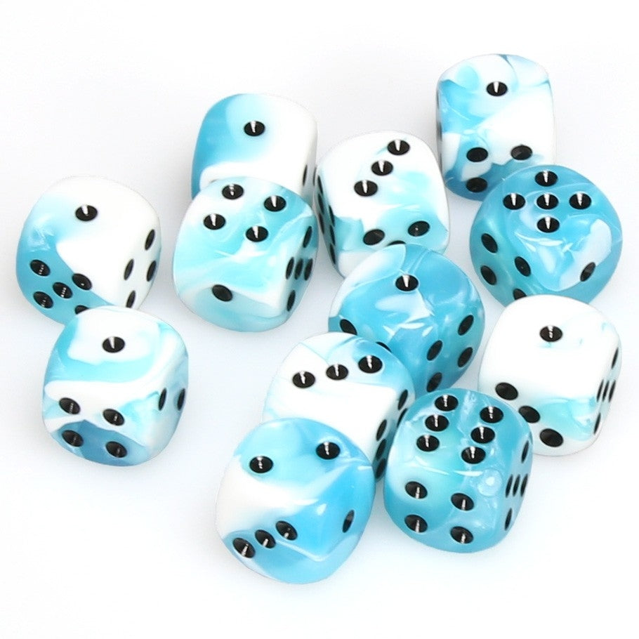 CHX26644 Gemini 16mm d6 Teal-White/black Dice Block (12 dice) Chessex
