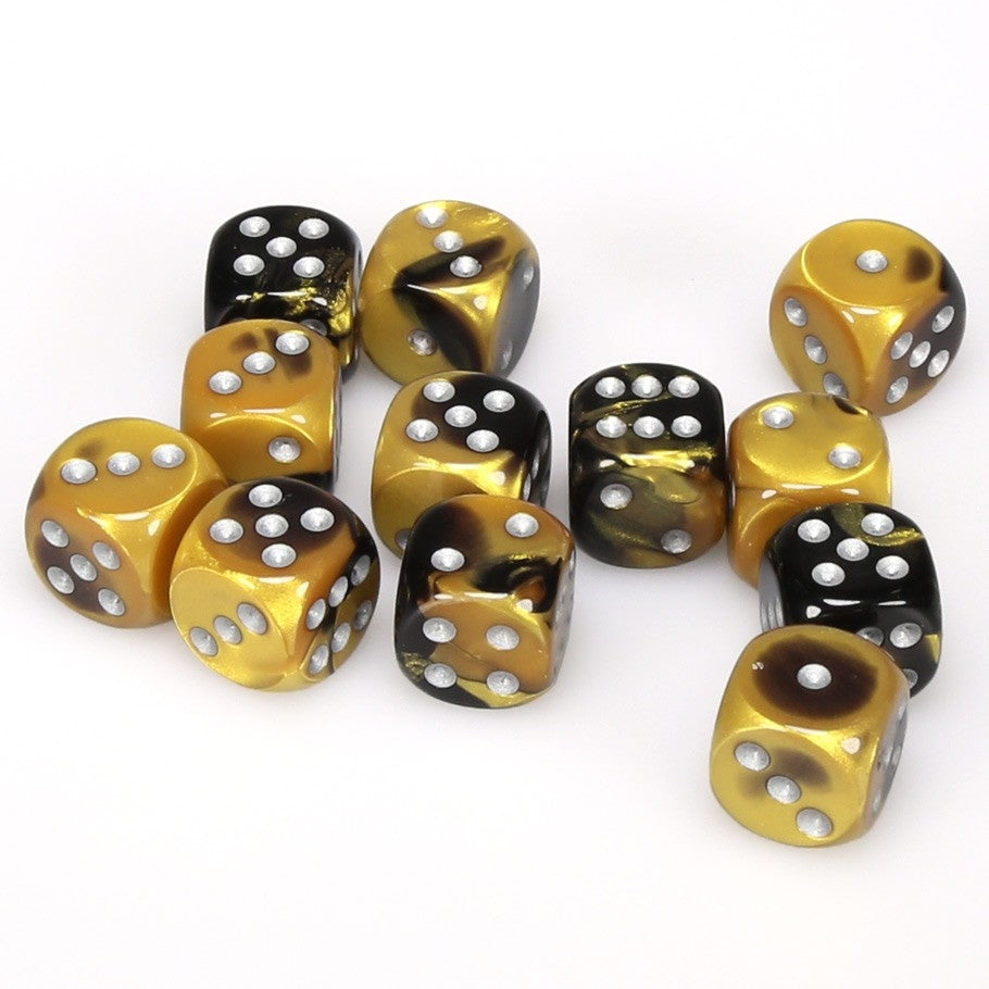 CHX26651 Gemini 16mm d6 Black-Gold/silver Dice Block (12 dice) Chessex