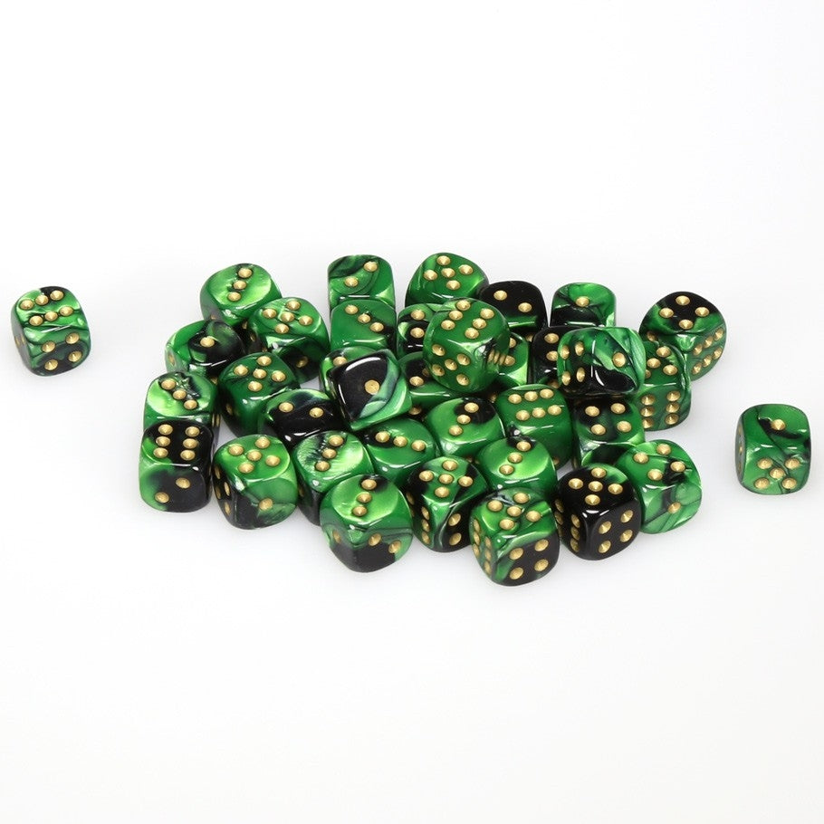 CHX26839 Gemini 12mm d6 Black-Green/gold Dice Block (36 dice) Chessex