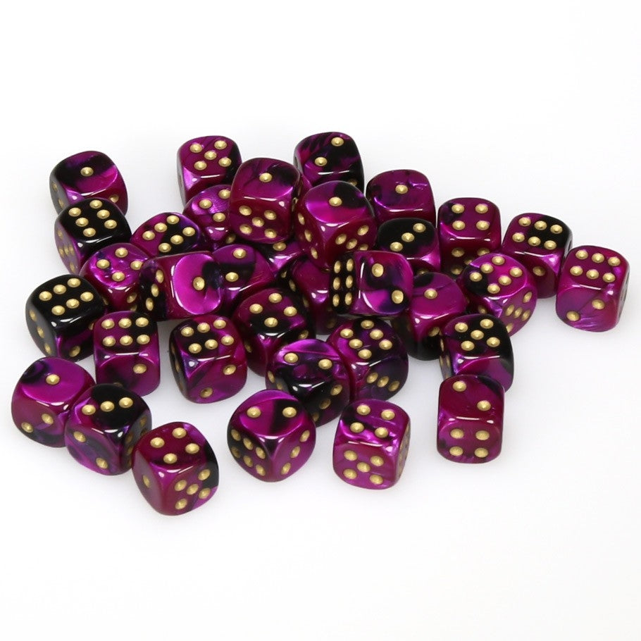 CHX26840 Gemini 12mm d6 Black-Purple/gold Dice Block (36 dice) Chessex
