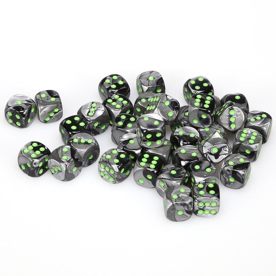 CHX26845 Gemini 12mm d6 Black-Grey/green Dice Block (36 dice) Chessex