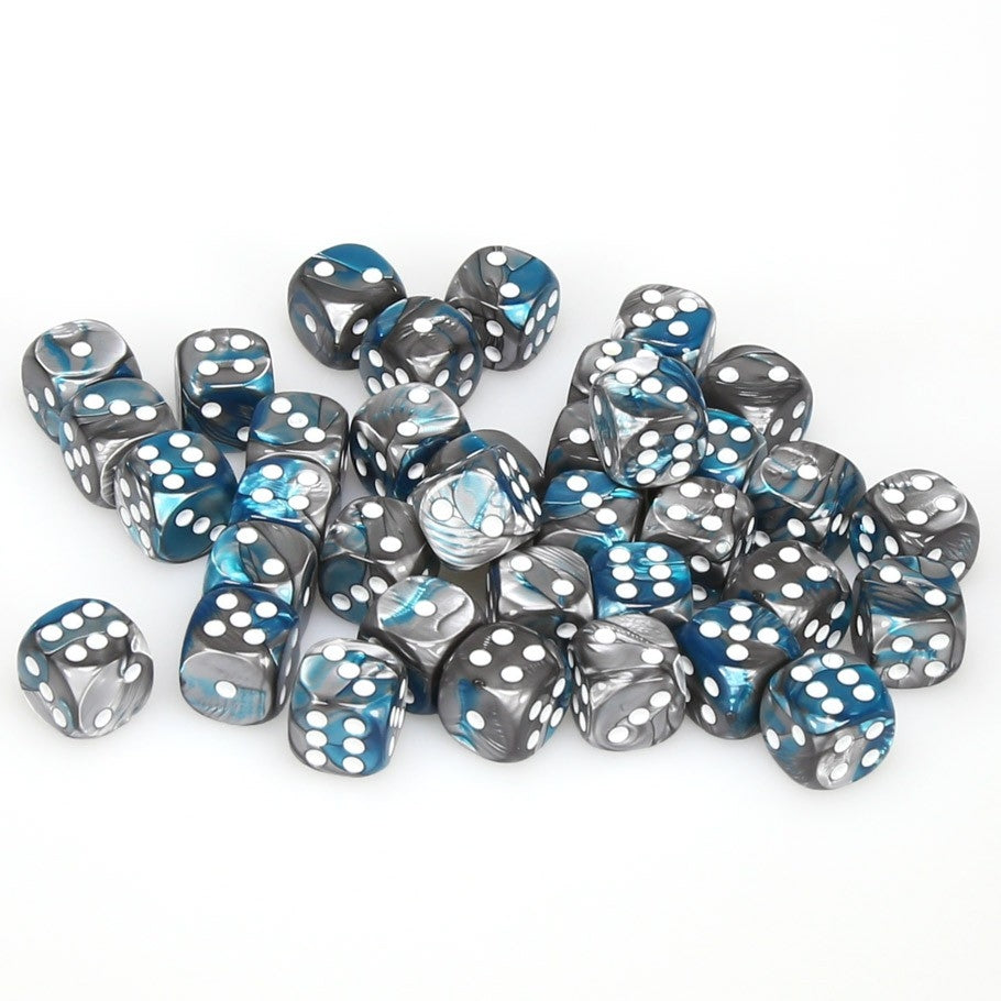 CHX26856 Gemini 12mm d6 Steel-Teal/white Dice Block (36 dice) Chessex