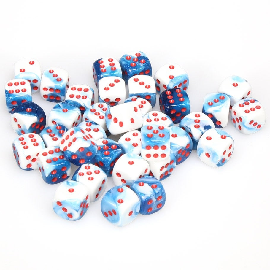 CHX26857 Gemini 12mm d6 Astral Blue-White/red Dice Block (36 dice) Chessex