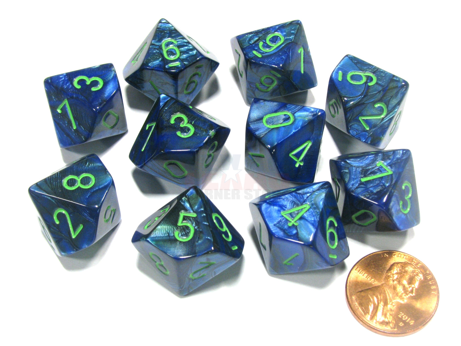 CHX27296 Lustous Polyhedral Dark Blue/green Set of Ten d10s Chessex