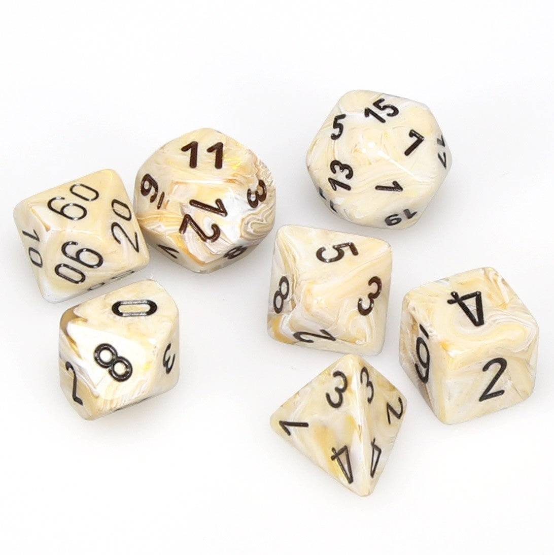 CHX27402 Marble Polyhedral Ivory w/Black 7-Die Set Chessex