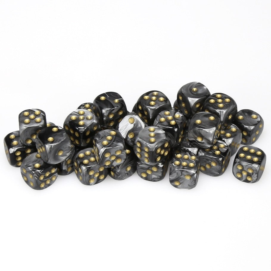 CHX27898 Lustrous 12mm d6 Black/gold Dice Block (36 dice) Chessex