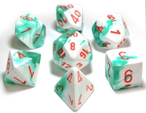 CHX30020 Lab Dice Gemini Polyhedral Mint Green-White/Orange 7-Die Set Chessex