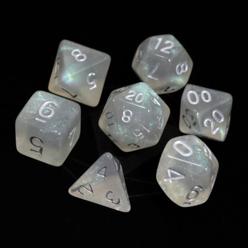 Glacial Moonstone with Silver - Die Hard Dice Polymer RPG Polyhedral Set