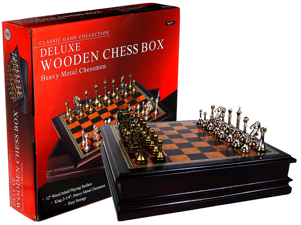 Chess Set Metal 12inch Inlaid Deluxe Wood Chess Box