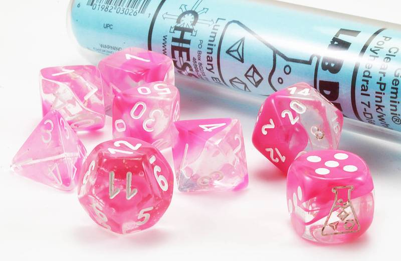 Gemini- Clear-Pink/White Chessex LabDice in Tube