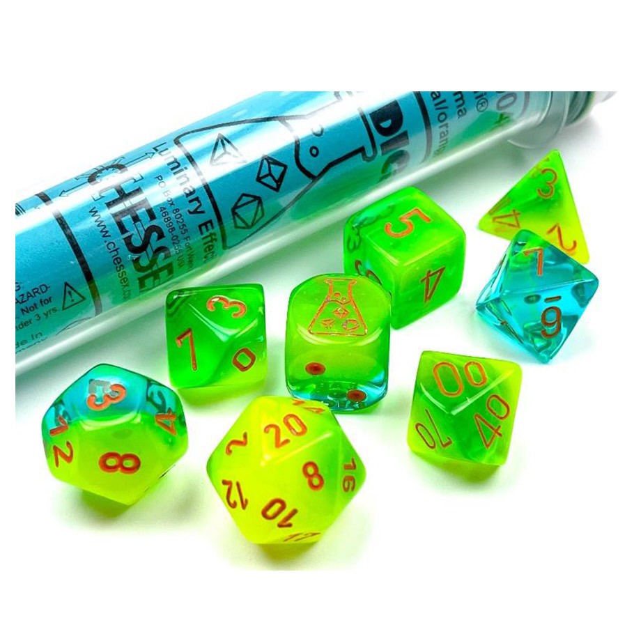 Gemini Plasma Green-Teal/Orange Polyhedral 7-Die Set